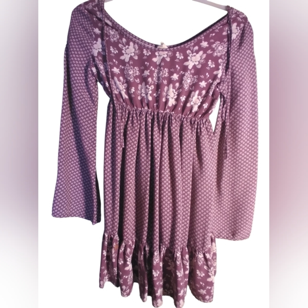 Tokyo Floral Purple Women's Long Boho Hippie Top Long Sleeve Size XS